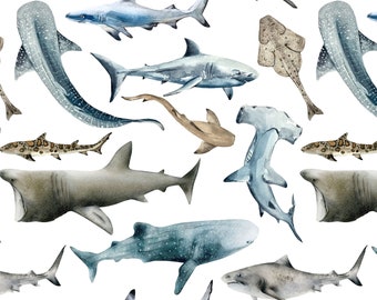 Watercolor Sharks Fabric by the Yard. Quilting Cotton, Knit, Jersey or Minky. Ocean Animals, Animal Print, Sea, Beach, Coastal