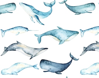 Whale Fabric - Watercolor Whales, Nautical, Marine Mammals, Ocean - Quilting Cotton, Knit, Minky, Fleece, Home Decor Fabric by the Yard