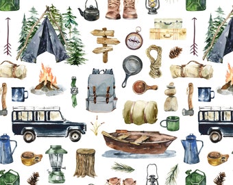 Camping Adventures Fabric by the Yard. Quilting Cotton, Organic Knit, Jersey or Minky. Hiking, Woodland, Nature, Wildlife, Trees, Forest