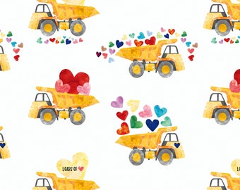 Loads of Love Construction Truck Fabric - Hearts, Boy, Dump Truck - Quilting Cotton, Poplin, Organic Knit, Minky Fleece Fabric by the Yard