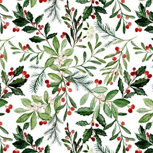 Mistletoe Holly Christmas Florals Fabric by the Yard. Quilting Cotton, Knit, Jersey, Minky. Watercolor Florals, Red and Green, Holidays