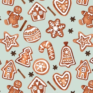 Gingerbread Fabric, Christmas Kids Fabric, Quilting Cotton, Sateen, Knit, Jersey, Minky, Fleece. Santa, Gingerbread Cookies, Xmas, Sage