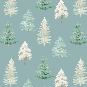 Winter Forest Fabric by the Yard. Woodland Tree Pine Baby Nursery Snow Mountains Blue Baby Kids Camping. Cotton, Knit, Jersey or Minky