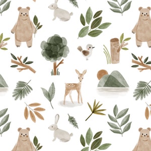 Woodland Animal Fabric by the Yard. Gender Neutral Nursery, Forest. Quilting Cotton, Poplin, Organic Knit, Minky, Fleece, Home Decor