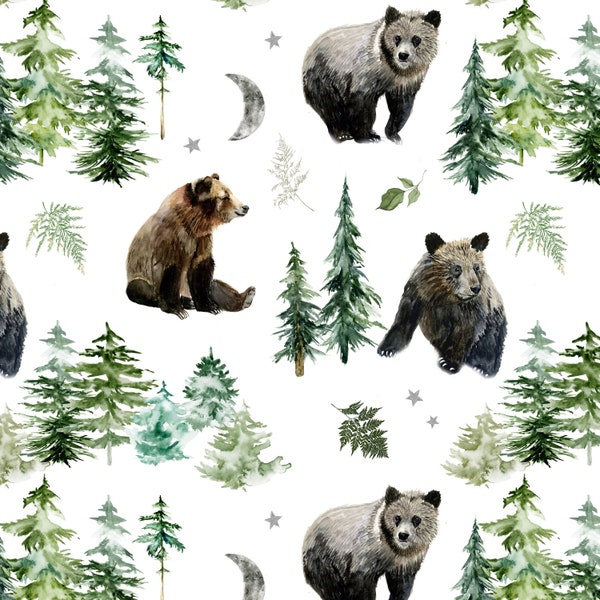 Woodland Bears Fabric by the Yard. Quilting Cotton, Organic Knit, Jersey or Minky. Woodland Fabric, Forest, Winter, Bear, Trees, Nursery