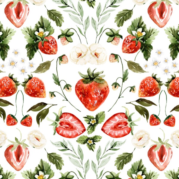 Strawberry Damask Fabric by the Yard. Quilting Cotton, Knit, Jersey or Minky. Watercolor Strawberries, Fruit, Botanical, Floral, Summer