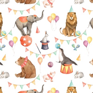 Circus Animal Fabric - Baby Zoo, Elephant, Rabbit, Magician, Lion, Bear - Quilting Cotton, Poplin, Minky, Home Decor Fabric by the Yard