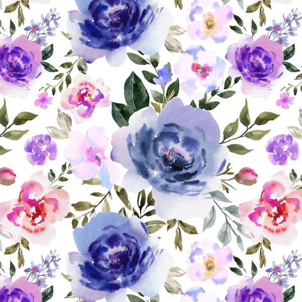 Watercolor Floral Fabric by the Yard - Galaxy Purple Florals, Girl Nursery, Botanical, Flowers. Quilting Cotton, Poplin, Knit, Jersey, Minky