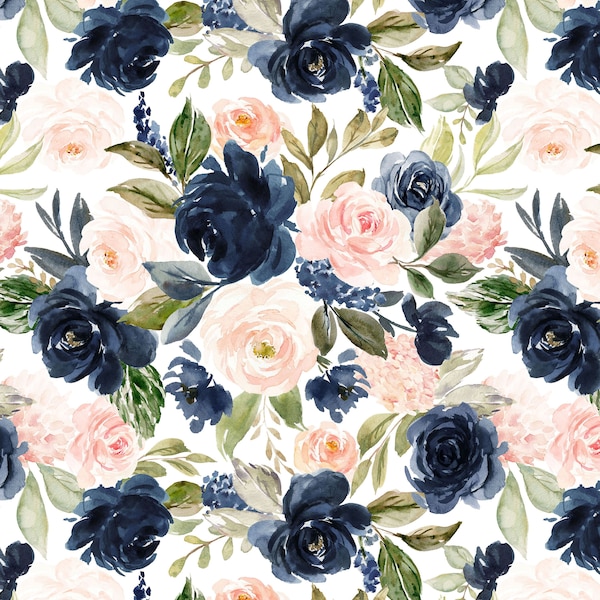 Pink and Navy Floral Fabric by the Yard. Quilting Cotton, Organic Knit, Jersey or Minky Girl Nursery Fabric, Blush, Blue, Watercolor Florals