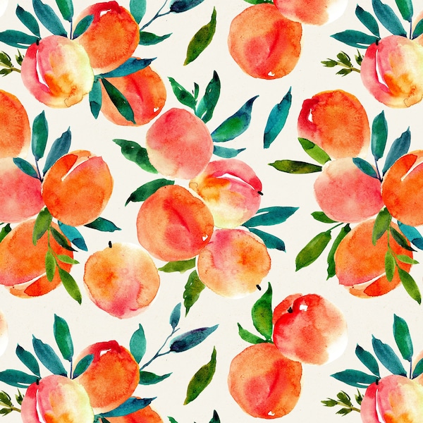 Peaches Fabric by the Yard. Quilting Cotton, Organic Knit, Jersey, or Minky. Watercolor Peach, Food, Fruit, Summer Fabric, Orange