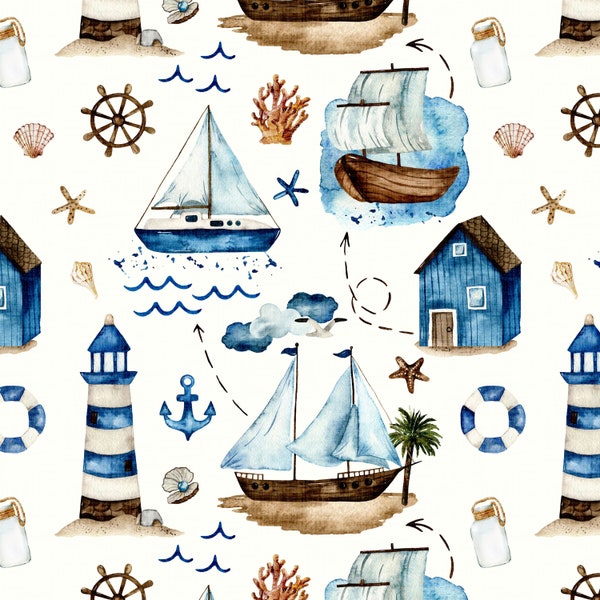 Sailing Adventures Fabric by the Yard. Beach Summer Fabric, Ship Fabric, Sailboat, Nautical, Ocean. Quilting Cotton, Knit, Jersey or Minky.