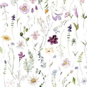 Summer Wildflower Floral Fabric by the Yard. Quilting Cotton, Organic Knit, Jersey or Minky. Girl Nursery Fabric Watercolor Florals Lavender