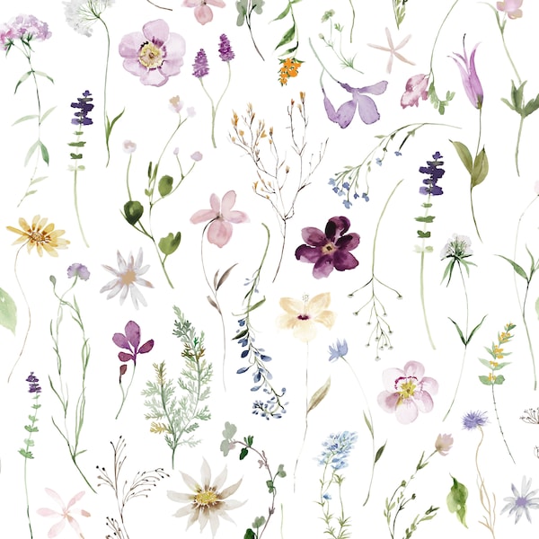 Summer Wildflower Floral Fabric by the Yard. Quilting Cotton, Organic Knit, Jersey or Minky. Girl Nursery Fabric Watercolor Florals Lavender