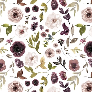 Dusty Plum Flowers Fabric by the Yard. Quilting Cotton, Organic Knit, Jersey, Minky. Watercolor Florals, Lavender, Purple, Botanical, Floral