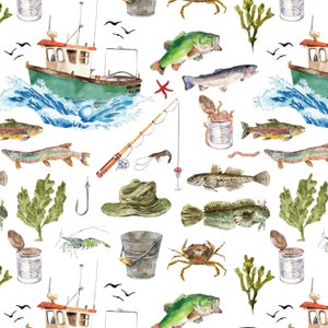 Gone Fishing Fabric by the Yard. Quilting Cotton, Organic Knit, Jersey or Minky. Ocean, Beach, Fish, Boat, Watercolor