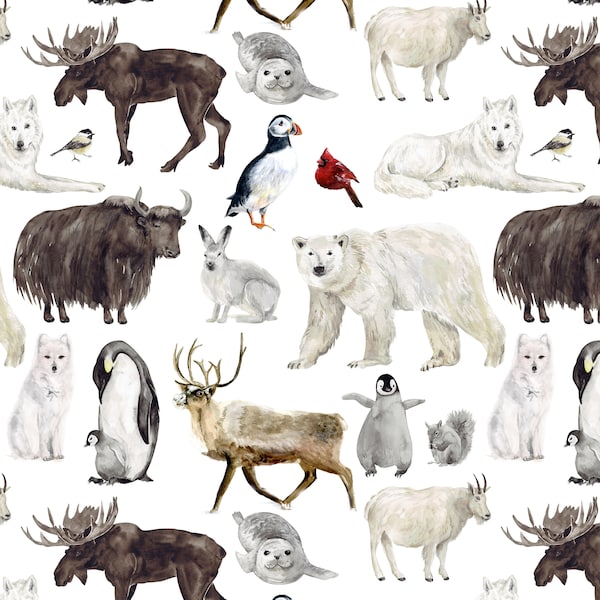 Winter Animal Fabric - Watercolor Penguin, Reindeer, Polar Bear, Moose - Cotton, Organic Knit, Minky, Fleece, Home Decor Fabric by the Yard