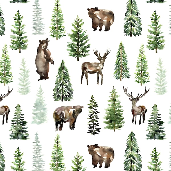 Woodland Animal Fabric - Wilderness Forest Bear, Deer, Gender Neutral Nursery. Quilting Cotton, Minky Fleece, Home Decor Fabric by the Yard