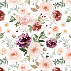 May include: A seamless pattern featuring watercolor illustrations of pink, burgundy, and white flowers with green leaves on a white background.