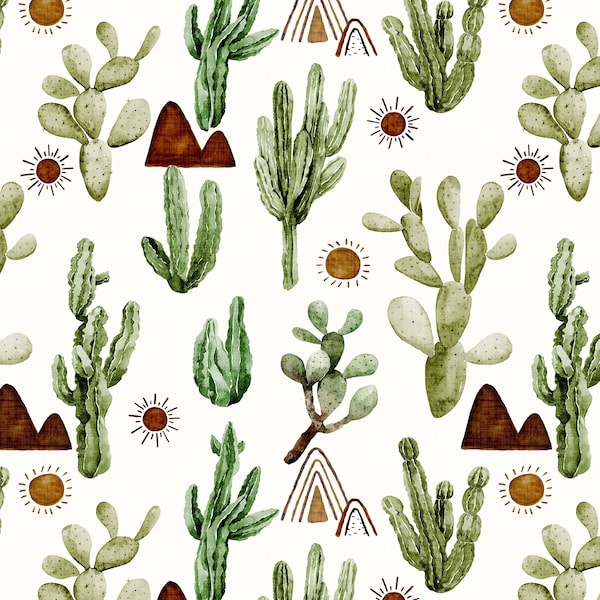 Sunrise Cactus Fabric by the Yard. Boho, Cacti, Watercolor Cactus, Desert, Southwest, Mountains, Sun. Quilting Fabric, Knit, Jersey or Minky