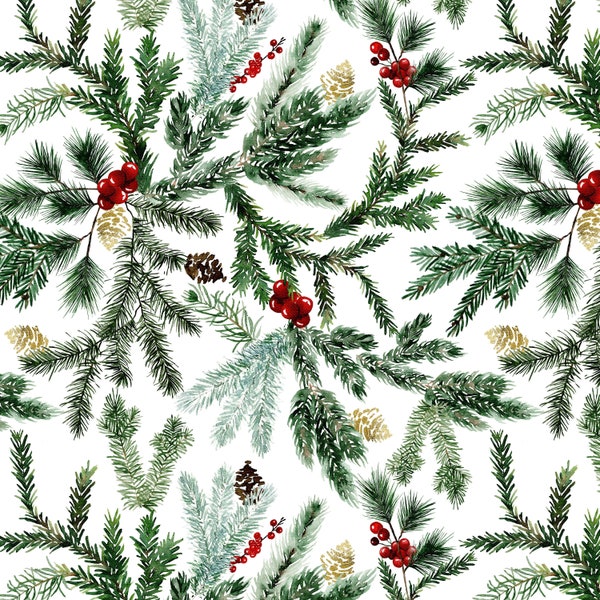 Pine and Berry Floral Fabric by the Yard. Christmas Florals Foliage, Holidays. Quilting Cotton, Poplin, Minky, Home Decor Fabric by the Yard