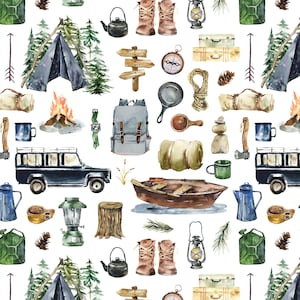 Camping Adventures Fabric by the Yard. Quilting Cotton, Organic Knit, Jersey or Minky. Hiking, Woodland, Nature, Wildlife, Trees, Forest
