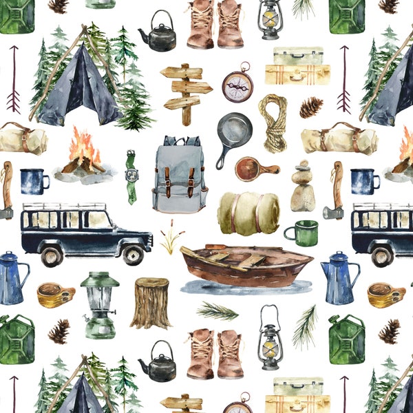 Camping Adventures Fabric by the Yard. Quilting Cotton, Organic Knit, Jersey or Minky. Hiking, Woodland, Nature, Wildlife, Trees, Forest