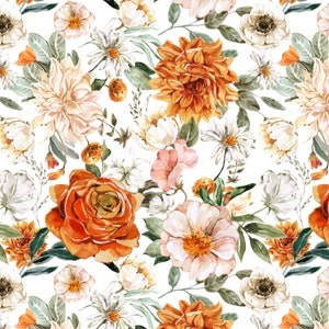 Vintage Garden Floral Fabric - Orange Watercolor Florals, Rose, Girl Nursery - Quilting Cotton, Minky, Fleece, Upholstery Fabric by the Yard
