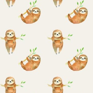 May include: A seamless pattern featuring watercolor illustrations of sloths hanging from branches. The sloths are brown and have a friendly expression. The branches are green and have leaves. The background is a light beige color.