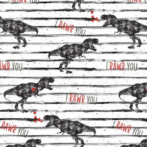 Valentine Fabric - Dinosaur Valentines, T Rex Fabric, Boy Valentines, I Rawr You - Fabric by the Yard in Cotton, Knit, Jersey or Minky