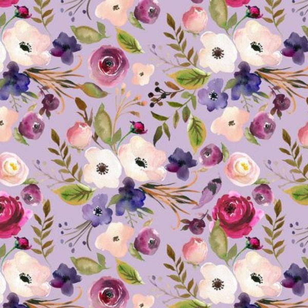 Lavender Floral Fabric by the Yard. Quilting Cotton, Organic Knit, Jersey or Minky. Flowers Peach Purple Baby Children's Fabric Wildflower