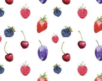 Berry Delicious Fabric by the Yard. Watercolor Fruit, Strawberries, Blackberries, Cherries. Quilting Cotton, Sateen, Poplin, Home Decor