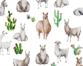 Boho Llama Fabric - Watercolor Llamas Alpacas, Animal Print, Cactus, Desert - Quilting Cotton, Poplin, Minky, Fleece Fabric by the Yard