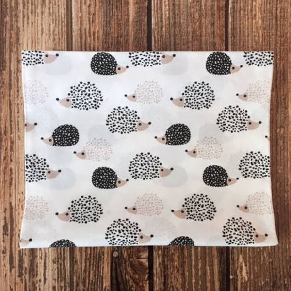 Scandinavian Hedgehog KNIT Fabric. Organic Cotton Knit. Shirting Fabric, Apparel Fabric, Black and White, Woodland, Monochrome, Animals