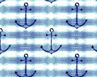 Nautical Anchors Fabric by the Yard. Tie Dye Blue Nursery Ocean Sea Baby Kids Anchor Boat Beach. Quilting Cotton, Knit, Jersey or MInky.