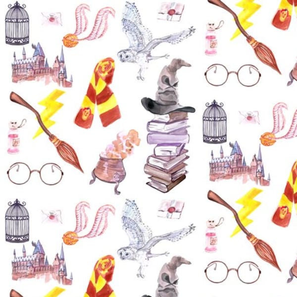 Wizard Symbols Fabric by the Yard. Quilting Cotton, Organic Knit, Jersey, Minky. Magic HP Wizards Movie Glasses Kids Nursery Baby Sorcerer