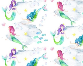 Mermaid Song Fabric by the Yard - Whimsical Fairytale Fabric, Ocean Underwater Mermaids - Quilting Cotton, Sateen, Poplin, Minky, Fleece