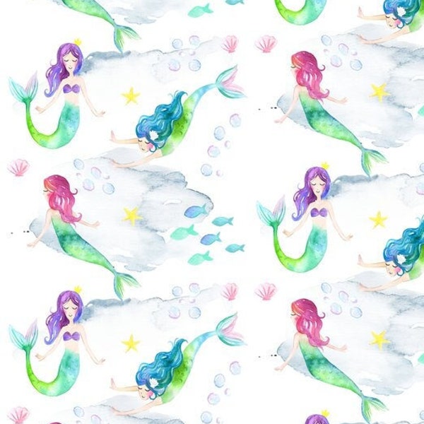 Mermaid Song Fabric by the Yard - Whimsical Fairytale Fabric, Ocean Underwater Mermaids - Quilting Cotton, Sateen, Poplin, Minky, Fleece