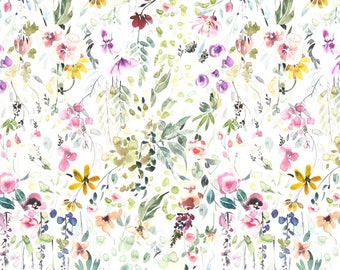 Wildflower Fabric - Watercolor Wildflowers Meadow, Floral, Botanical - Quilting Cotton, Sateen, Minky, Fleece, Home Decor Fabric by the Yard