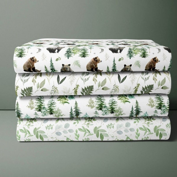 Forest Night Cotton Fat Quarters - 21"W x 18"L. Quilt Cotton in Woodland Bears, Trees and Greenery Foliage - Gender Neutral Baby Nursery
