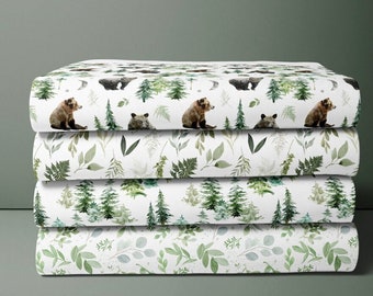 Forest Night Cotton Fat Quarters - 21"W x 18"L. Quilt Cotton in Woodland Bears, Trees and Greenery Foliage - Gender Neutral Baby Nursery