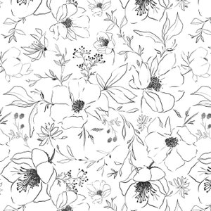 Sketch Flowers Fabric by the Yard. Quilting Cotton, Knit, Jersey Minky. Monochrome, Black and White, Floral, Botanical, Nature, Home Decor