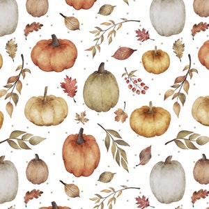 Fall Harvest Pumpkins Fabric - Watercolor Pumpkin and Fall Foliage, Thanksgiving - Quilting Cotton, Sateen, Home Decor Fabric by the Yard
