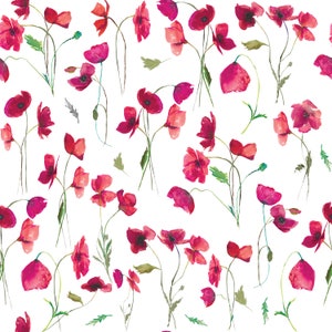 Pink Watercolor Poppies Fabric by the Yard. Spring Floral, Poppy. Quilting Cotton, Sateen, Poplin, Organic Knit, Home Decor, Upholstery