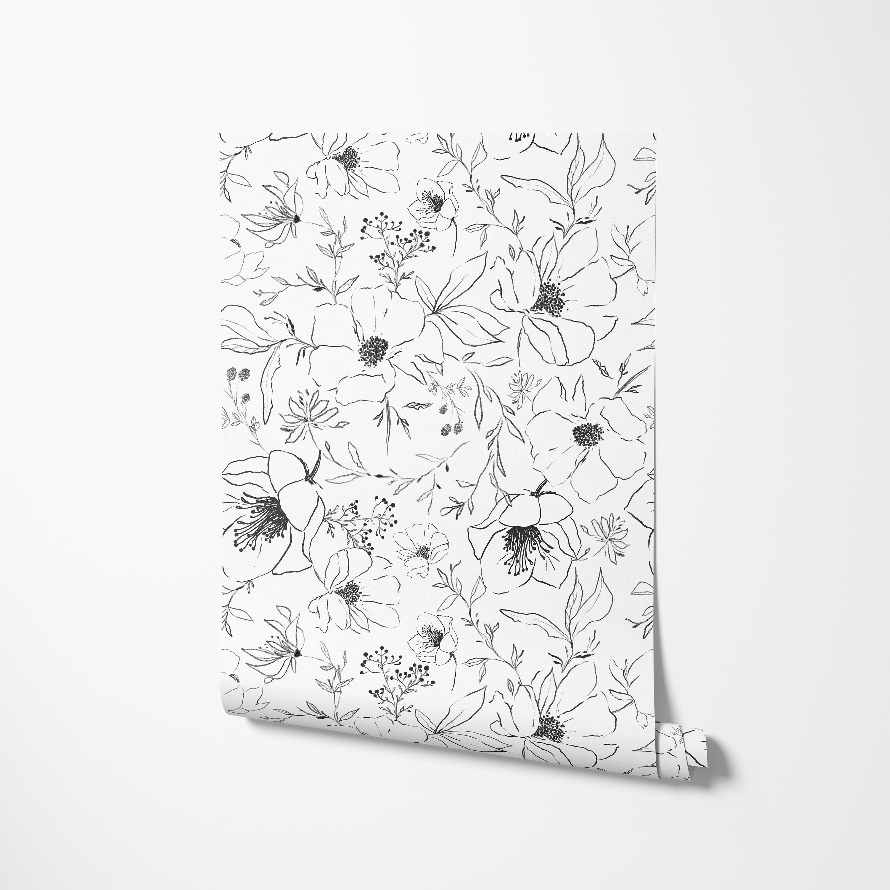 Sketch Floral Wallpaper - Botanical Flowers, Illustration, Modern, Black and White - Peel and Stick Removable and Prepasted Smooth Wallpaper