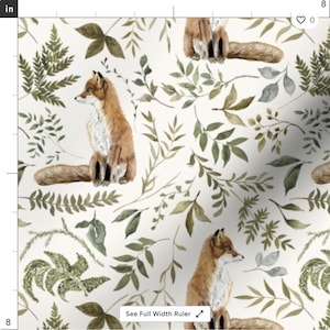 May include: A repeating pattern of watercolor foxes and foliage on a cream background. The foxes are depicted in shades of brown and orange, with white bellies. The leaves are in various shades of green and brown, creating a natural, woodland theme.