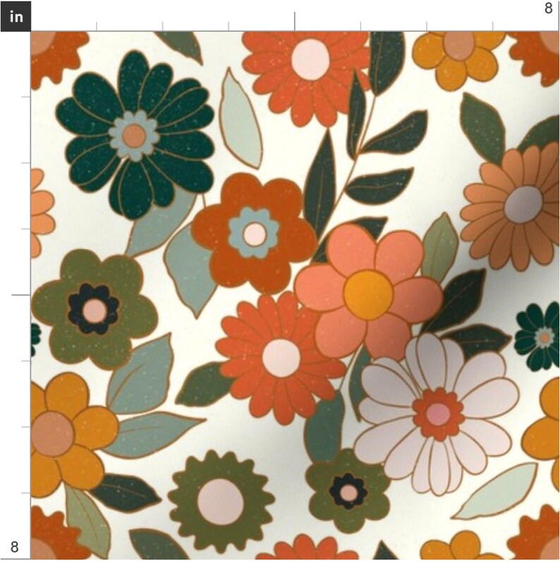 K&ouml;nnte beinhalten: Ein nahtloses Muster mit einem Retro-Blumendesign mit orangefarbenen, rosa, gr&uuml;nen und wei&szlig;en Blumen auf wei&szlig;em Hintergrund.