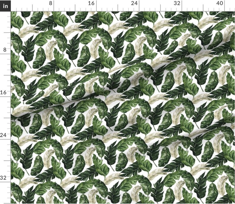 May include: A seamless pattern featuring green and beige watercolor leaves on a white background. The leaves are arranged in a repeating pattern, creating a tropical feel.