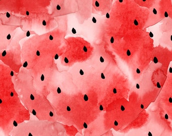 Watermelon Seeds Fabric by the Yard. Quilting Cotton, Poplin, Knit, Jersey, Minky, Home Decor. Watercolor Watermelons, Fruit, Beach, Summer