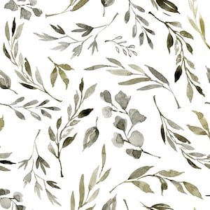 Botanical Leaves Fabric by the Yard. Plants, Olive, Muted, Nature, Greenery, Tree, Leaf. Quilting Cotton, Minky, Organic Knit, Jersey
