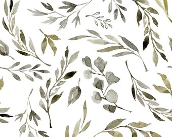 Botanical Leaves Fabric by the Yard. Plants, Olive, Muted, Nature, Greenery, Tree, Leaf. Quilting Cotton, Minky, Organic Knit, Jersey